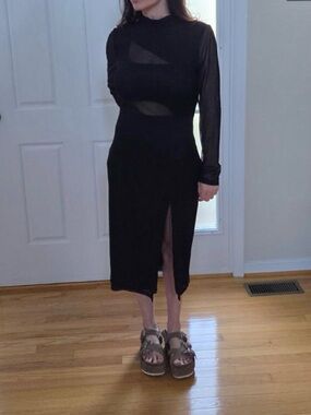 Cider Black Mesh-Panel Long Sleeve Midi Dress with Front Slit